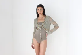 90s Macrame Knit Tie Front Bolero w/ Wooden Beading
