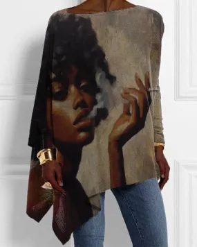 Afro Black Girl Oil Print Irregular Top
