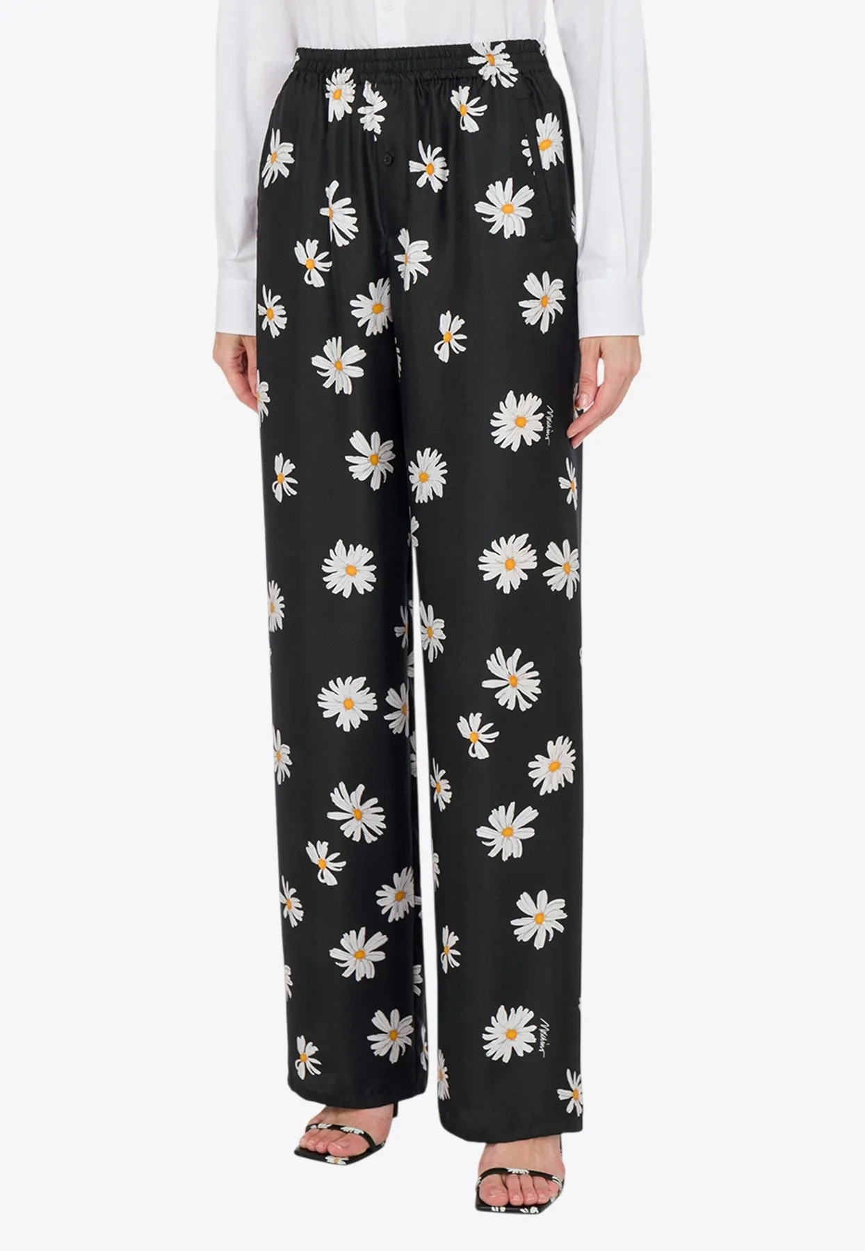All-Over Daisy Print Silk Twill Pants