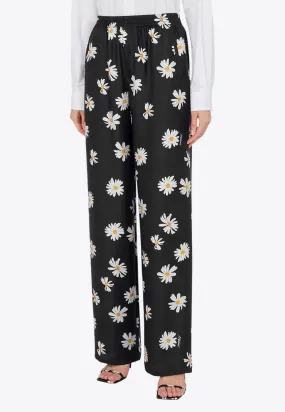 All-Over Daisy Print Silk Twill Pants