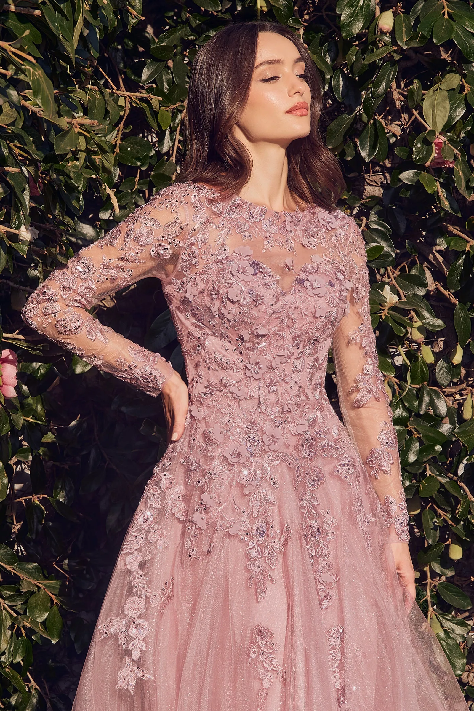 ANDREA & LEO MA108 Lace Layered Tulle Long Sleeve Gown