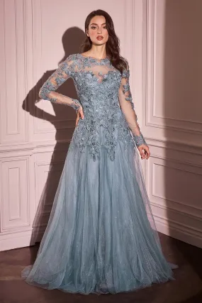 ANDREA & LEO MA108 Lace Layered Tulle Long Sleeve Gown