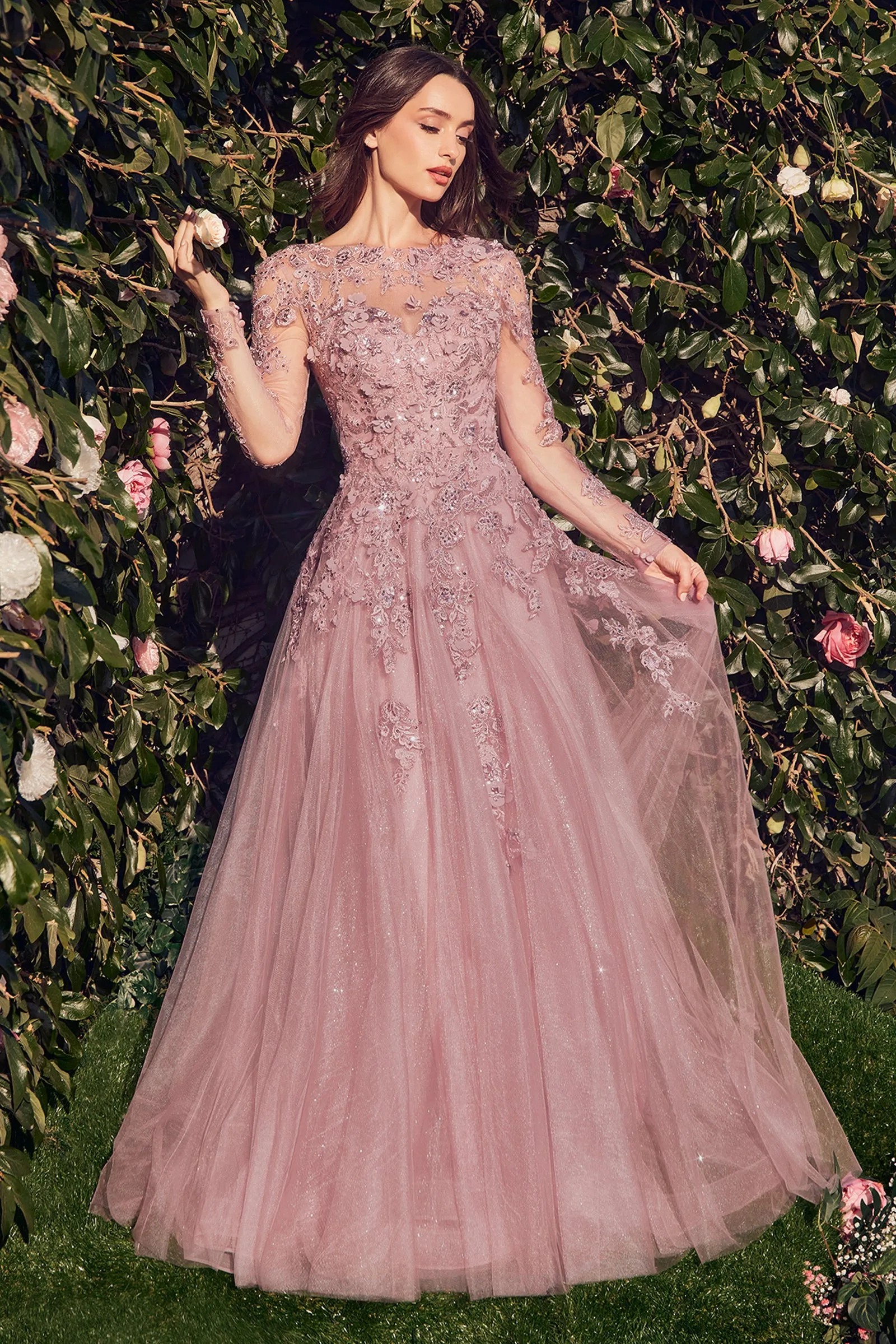 ANDREA & LEO MA108 Lace Layered Tulle Long Sleeve Gown