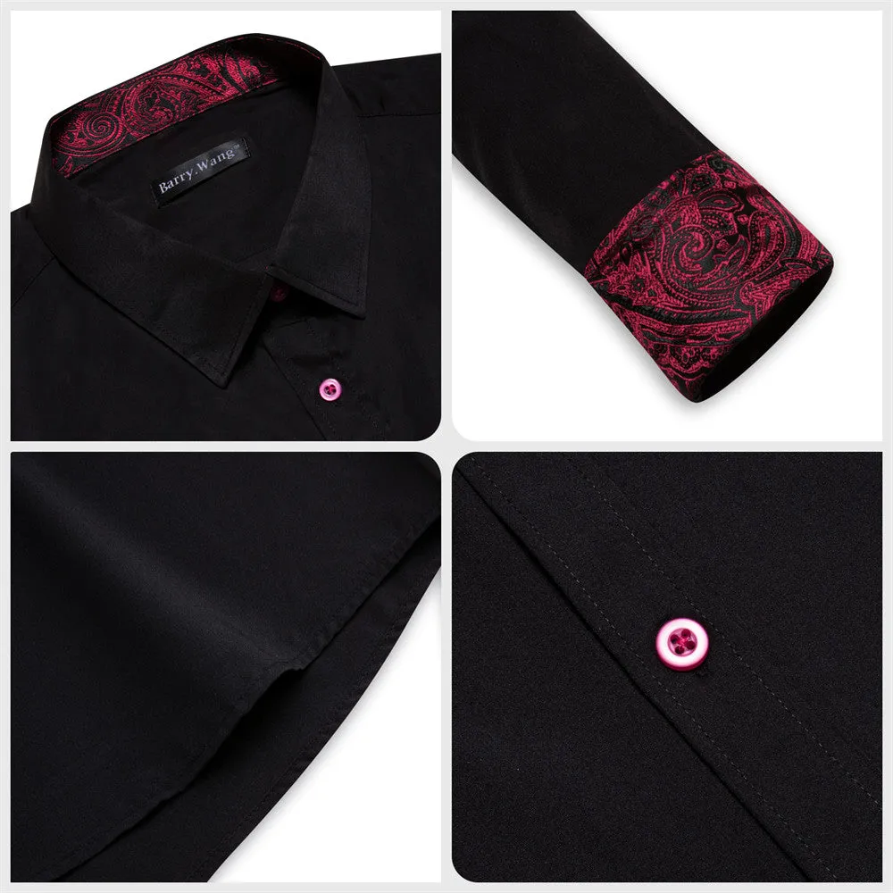 Barry Wang Black Red Patchwork Long Sleeve Button Down Dress Shirt