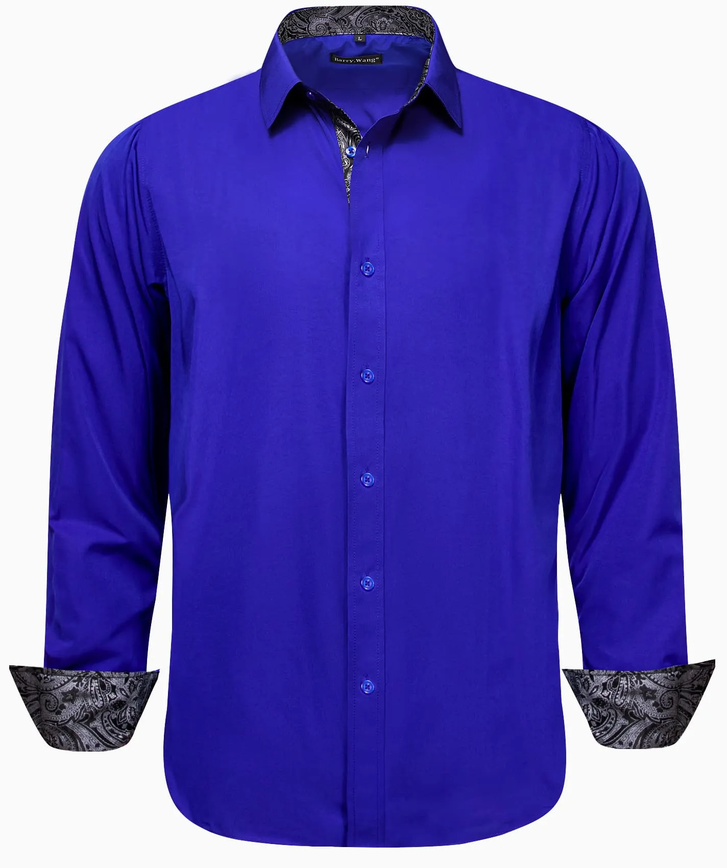 Barry Wang Blue Patchwork Dress Shirt with Grey Paisley Cuff Men Top