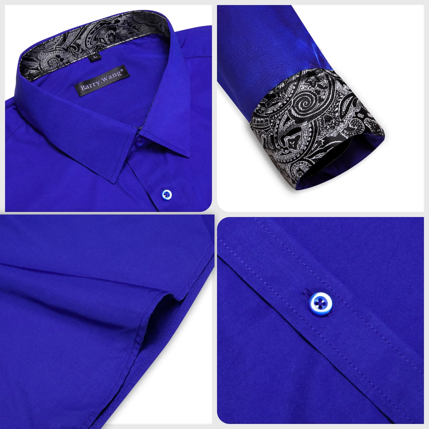 Barry Wang Blue Patchwork Dress Shirt with Grey Paisley Cuff Men Top