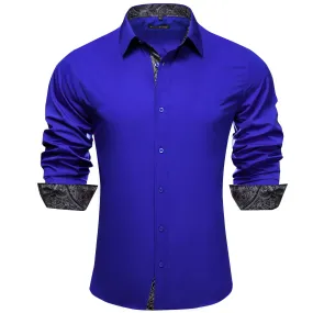 Barry Wang Blue Patchwork Dress Shirt with Grey Paisley Cuff Men Top