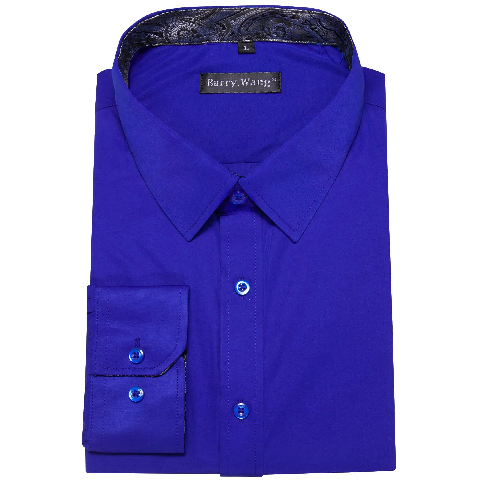 Barry Wang Blue Patchwork Dress Shirt with Grey Paisley Cuff Men Top