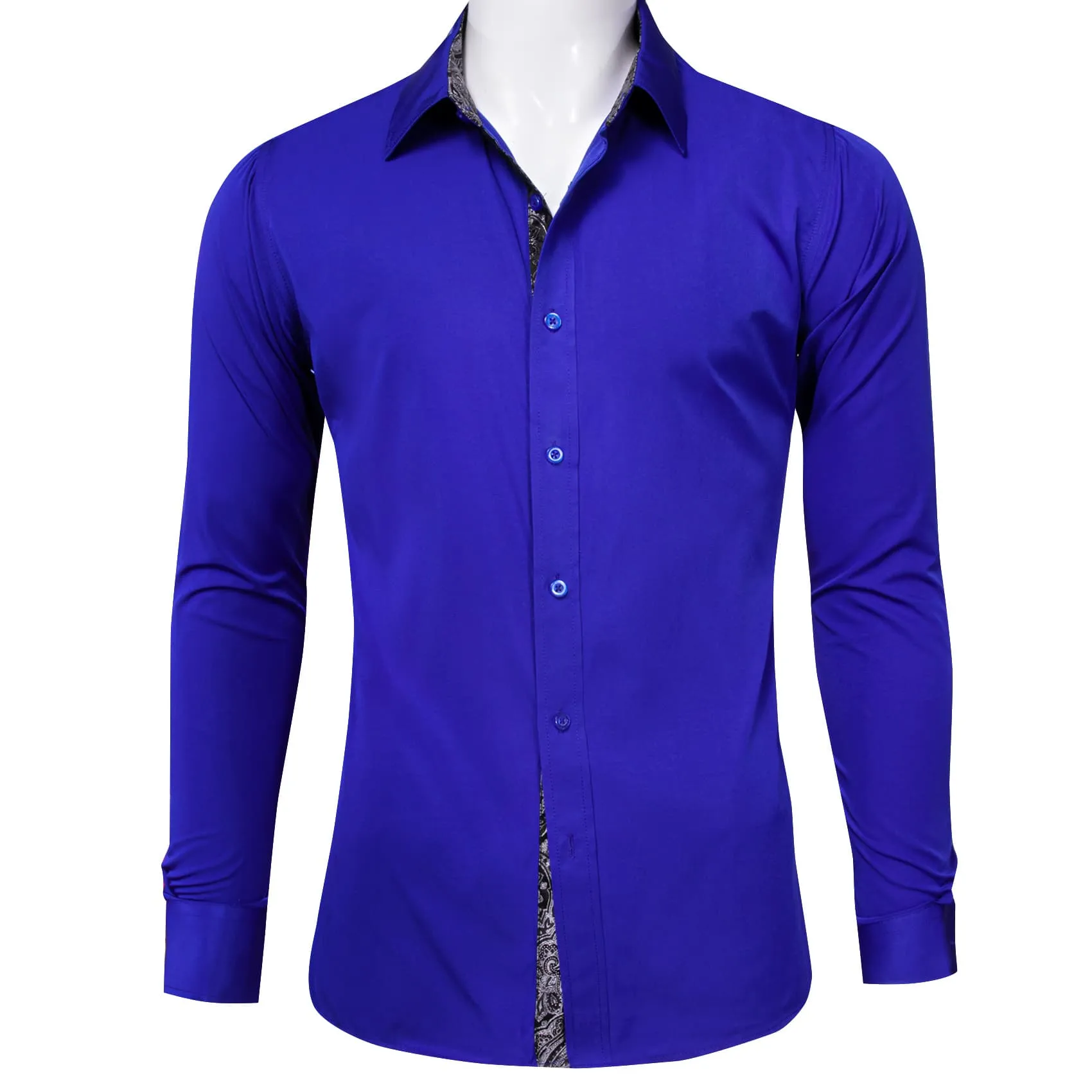 Barry Wang Blue Patchwork Dress Shirt with Grey Paisley Cuff Men Top