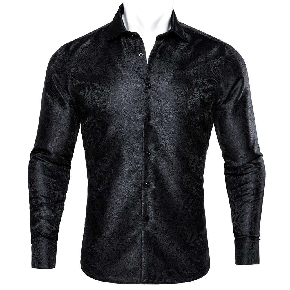 Barry Wang Mens Casual Untucked Shirts Black Paisley Silk Shirt