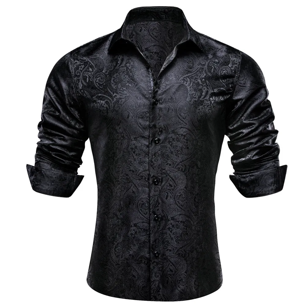 Barry Wang Mens Casual Untucked Shirts Black Paisley Silk Shirt