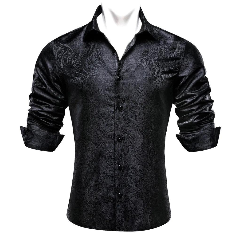 Barry Wang Mens Casual Untucked Shirts Black Paisley Silk Shirt