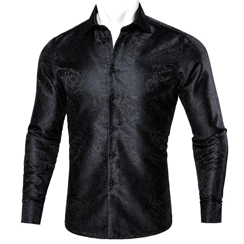 Barry Wang Mens Casual Untucked Shirts Black Paisley Silk Shirt