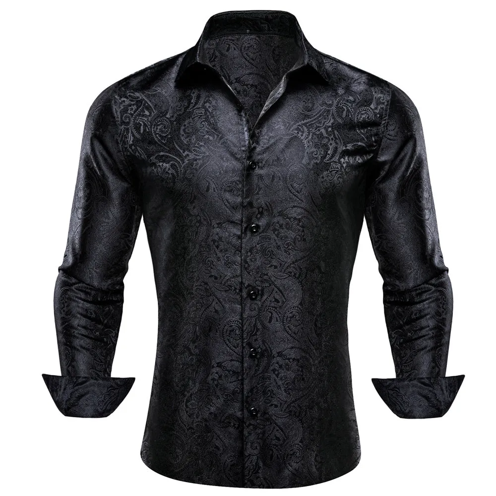 Barry Wang Mens Casual Untucked Shirts Black Paisley Silk Shirt