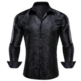 Barry Wang Mens Casual Untucked Shirts Black Paisley Silk Shirt
