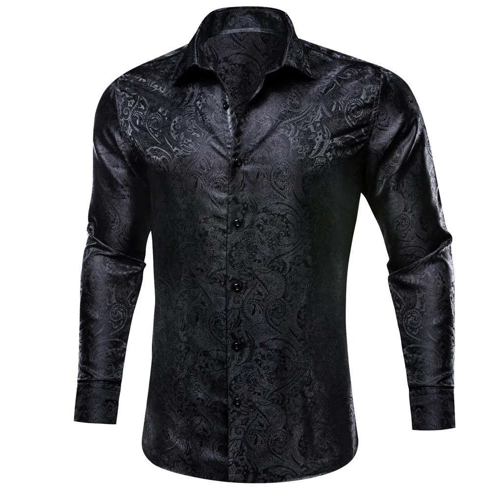 Barry Wang Mens Casual Untucked Shirts Black Paisley Silk Shirt