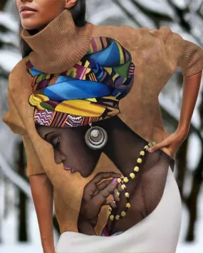 Beautiful African Women Oil Painting High Neck Long Sleeve Top