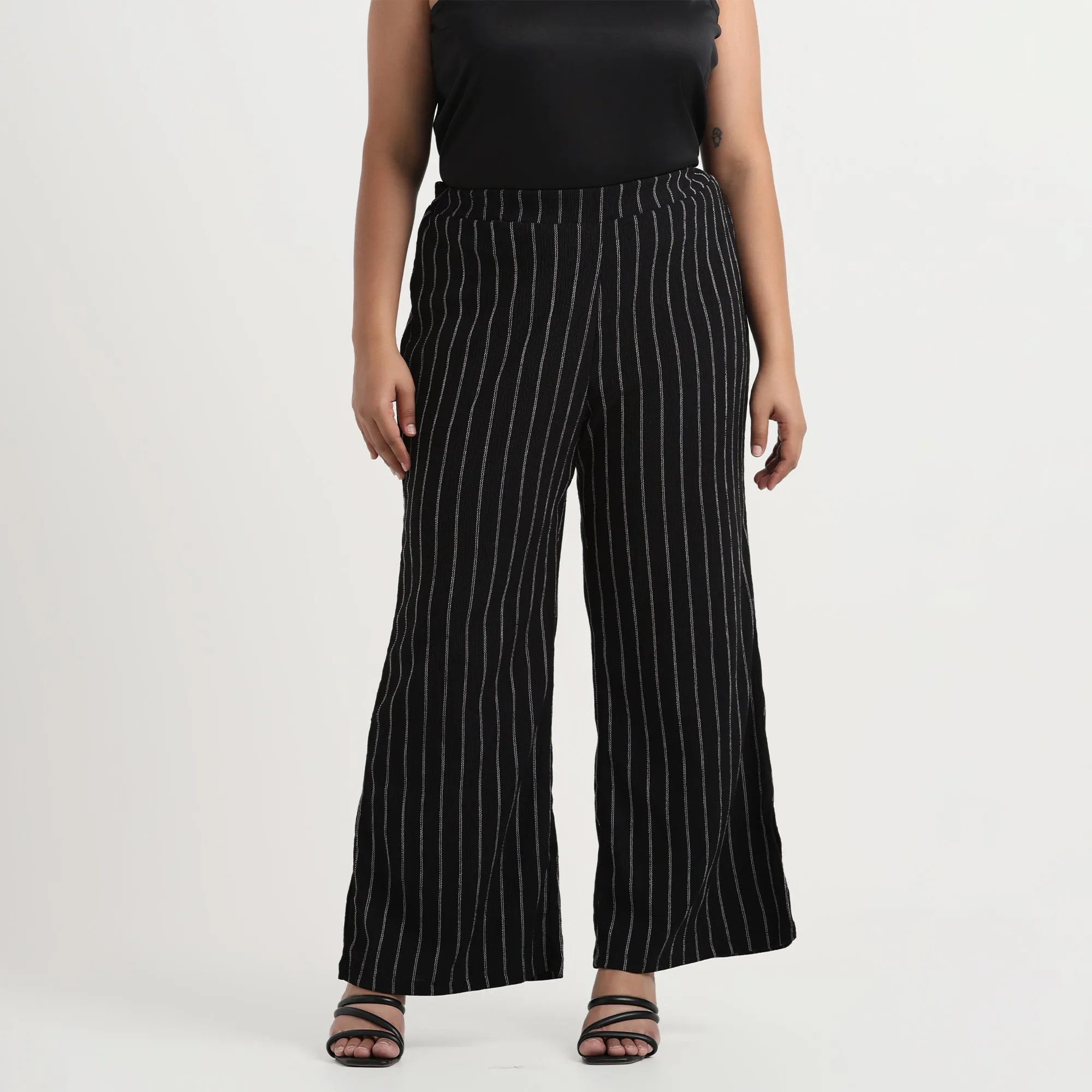 Black and White Stripes Textured Knit Flared Plus Size Pants