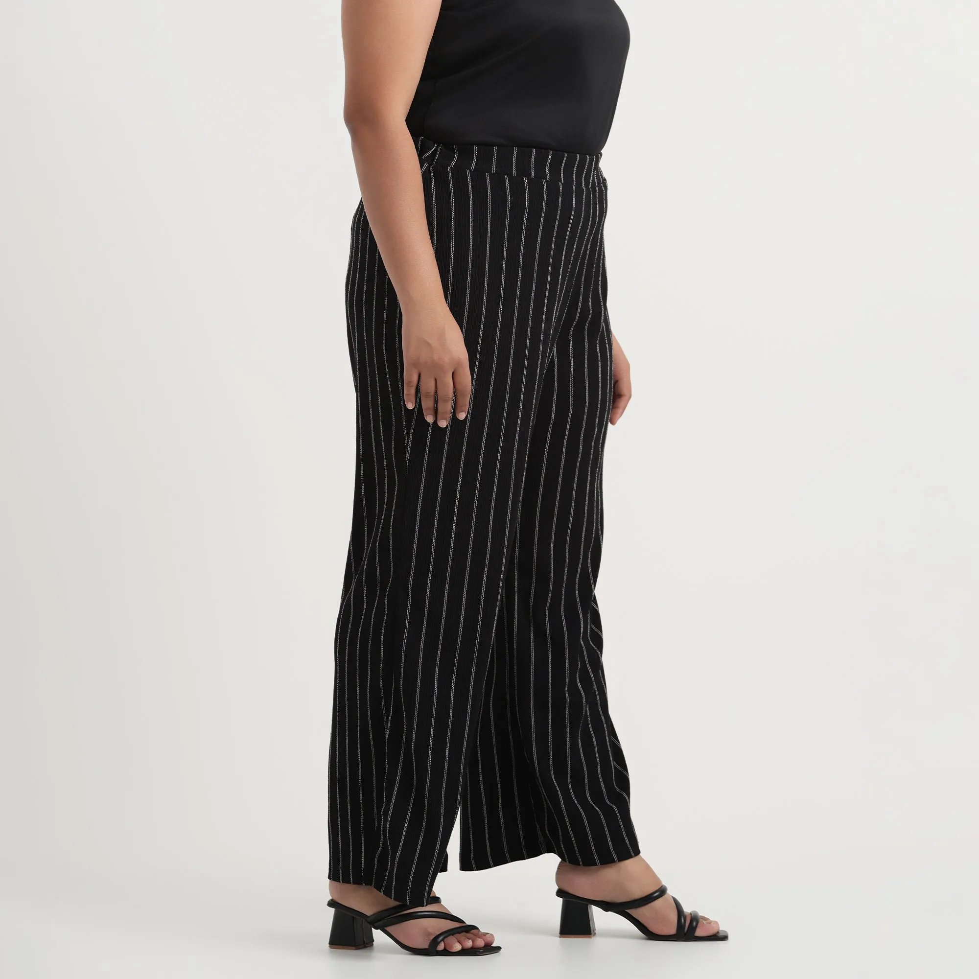 Black and White Stripes Textured Knit Flared Plus Size Pants