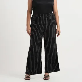 Black and White Stripes Textured Knit Flared Plus Size Pants