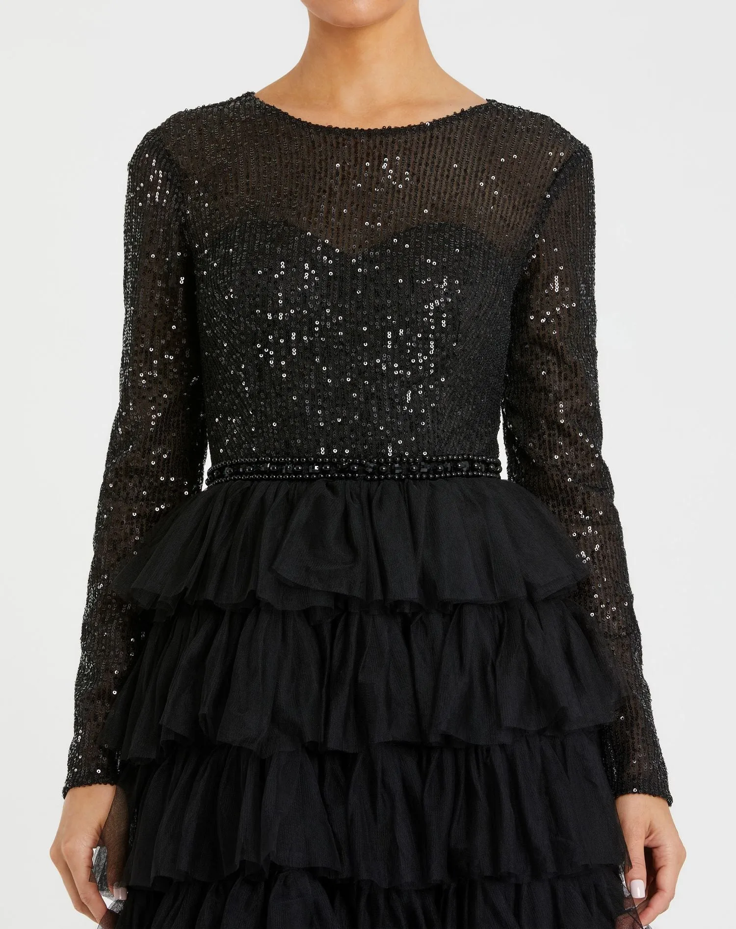 Black Long Sleeve Ruffle Tiered Midi Dress