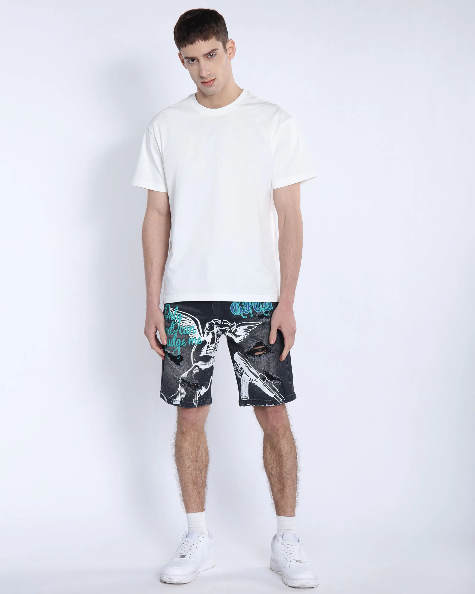 Black Ripped Denim Shorts: Street Art Vibes