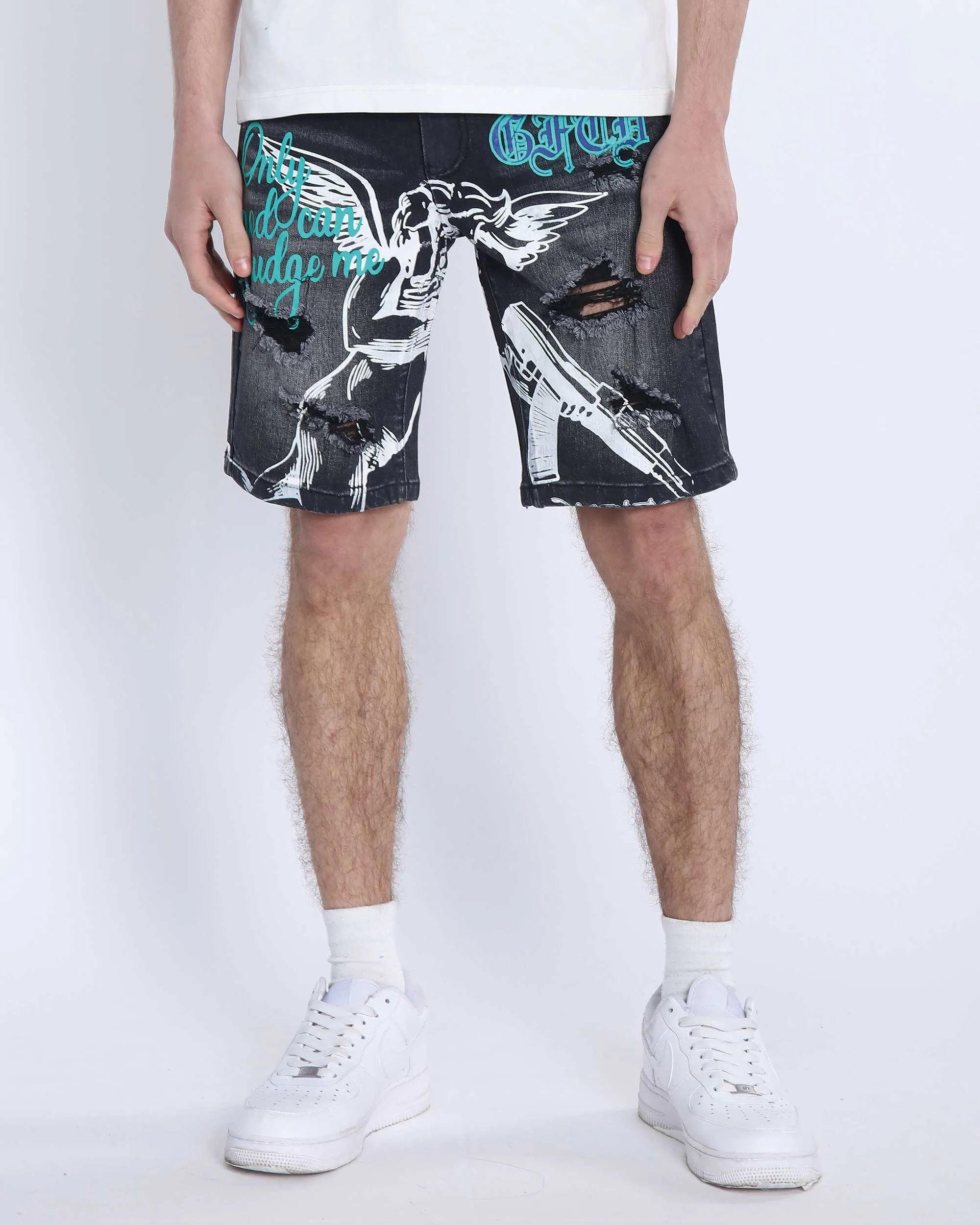 Black Ripped Denim Shorts: Street Art Vibes