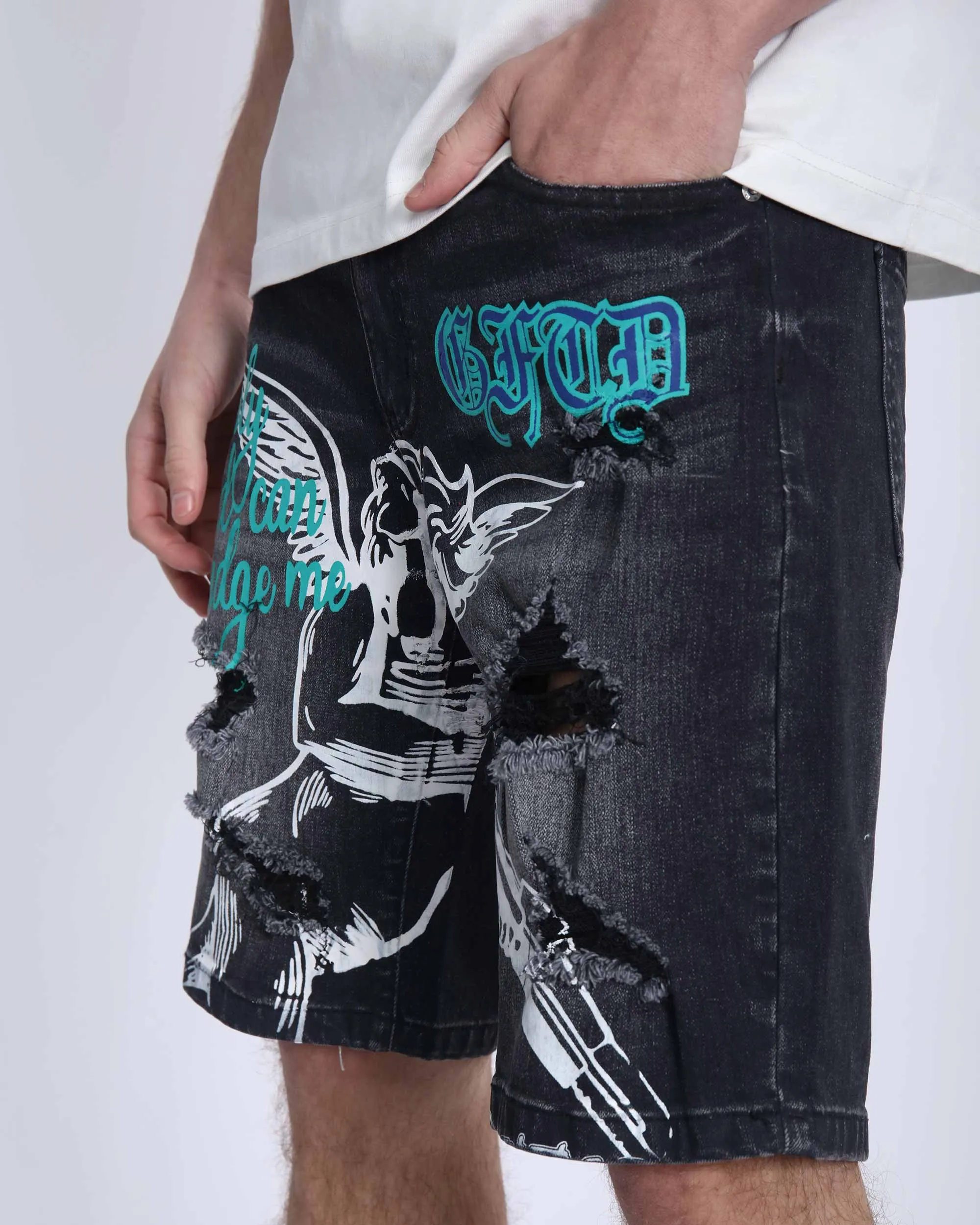 Black Ripped Denim Shorts: Street Art Vibes