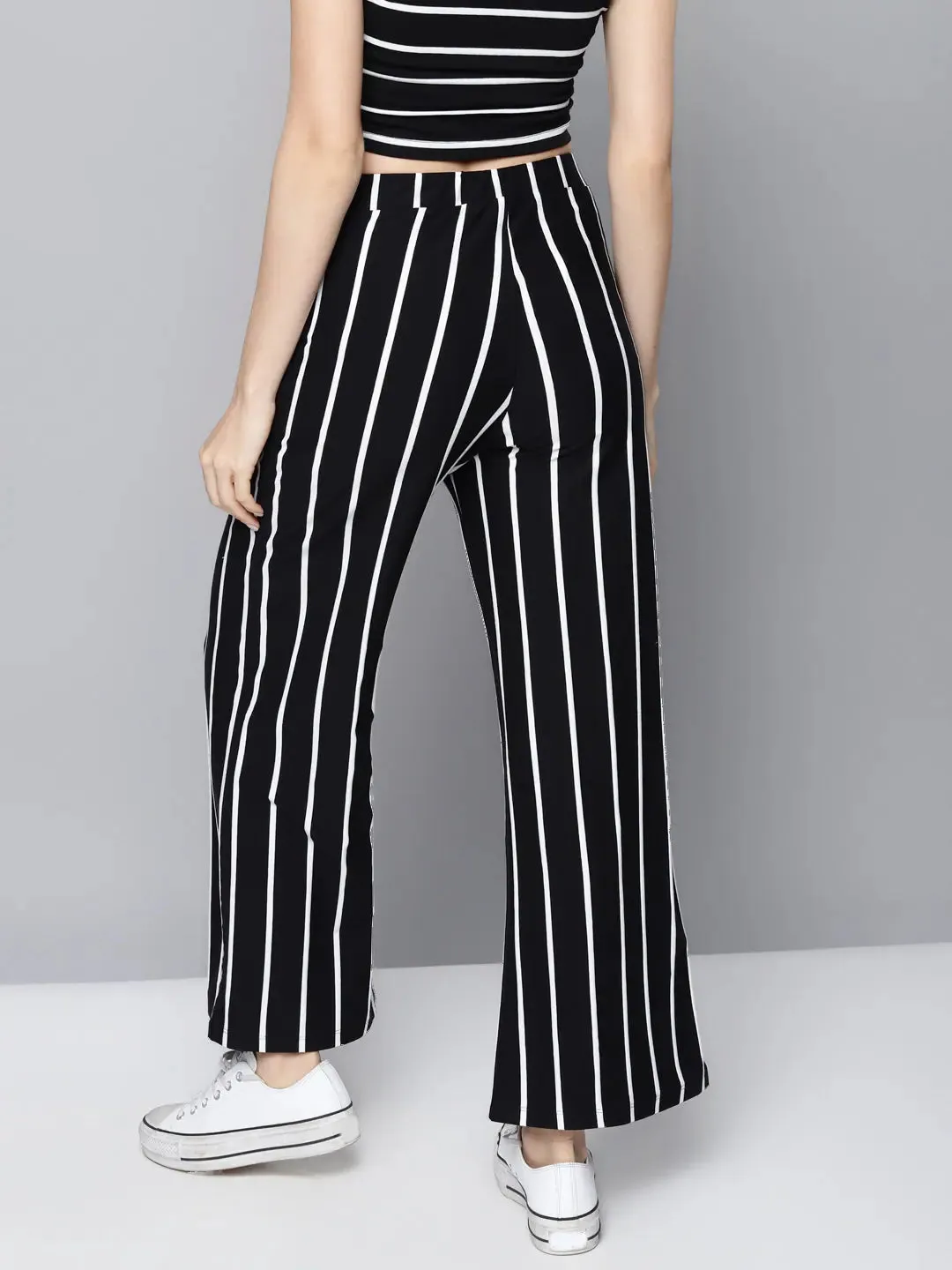Black Stripes Drawstring Wide Leg Pants