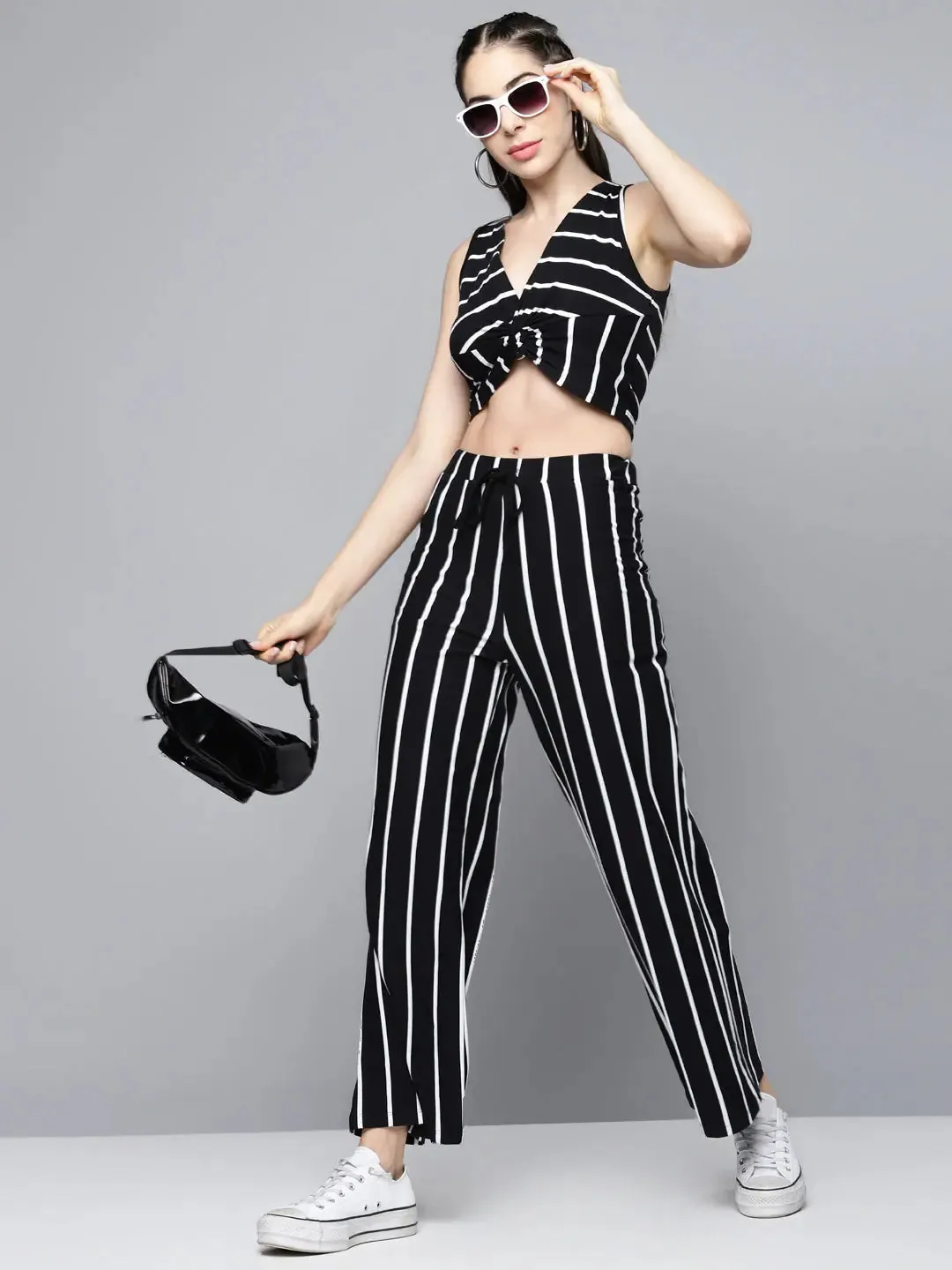 Black Stripes Drawstring Wide Leg Pants