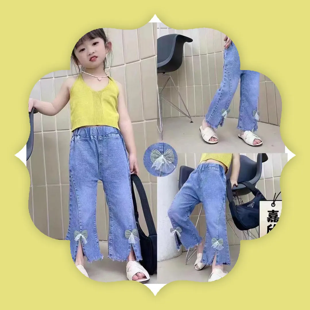 Blue Bow Flared Denim Pants