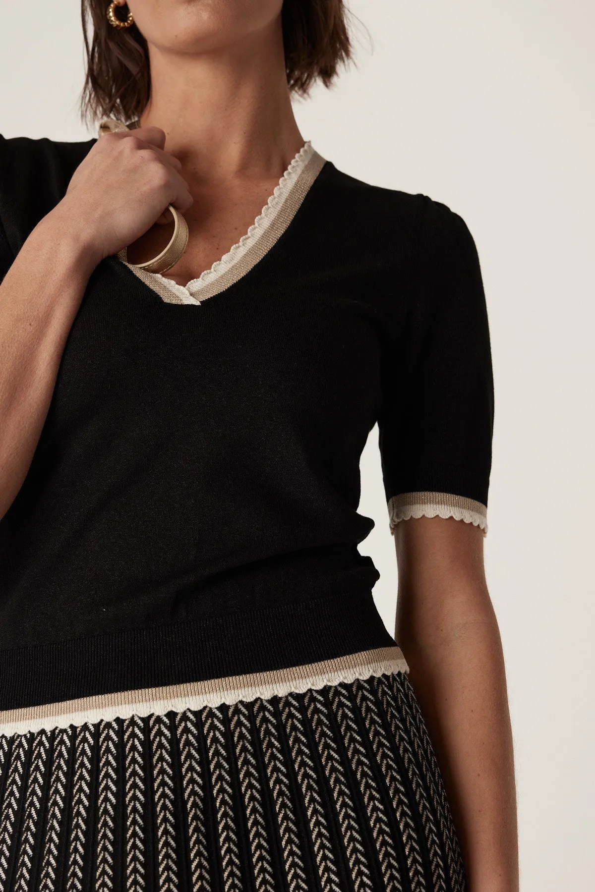 Cable Joelle Scallop Knit Top  - Black