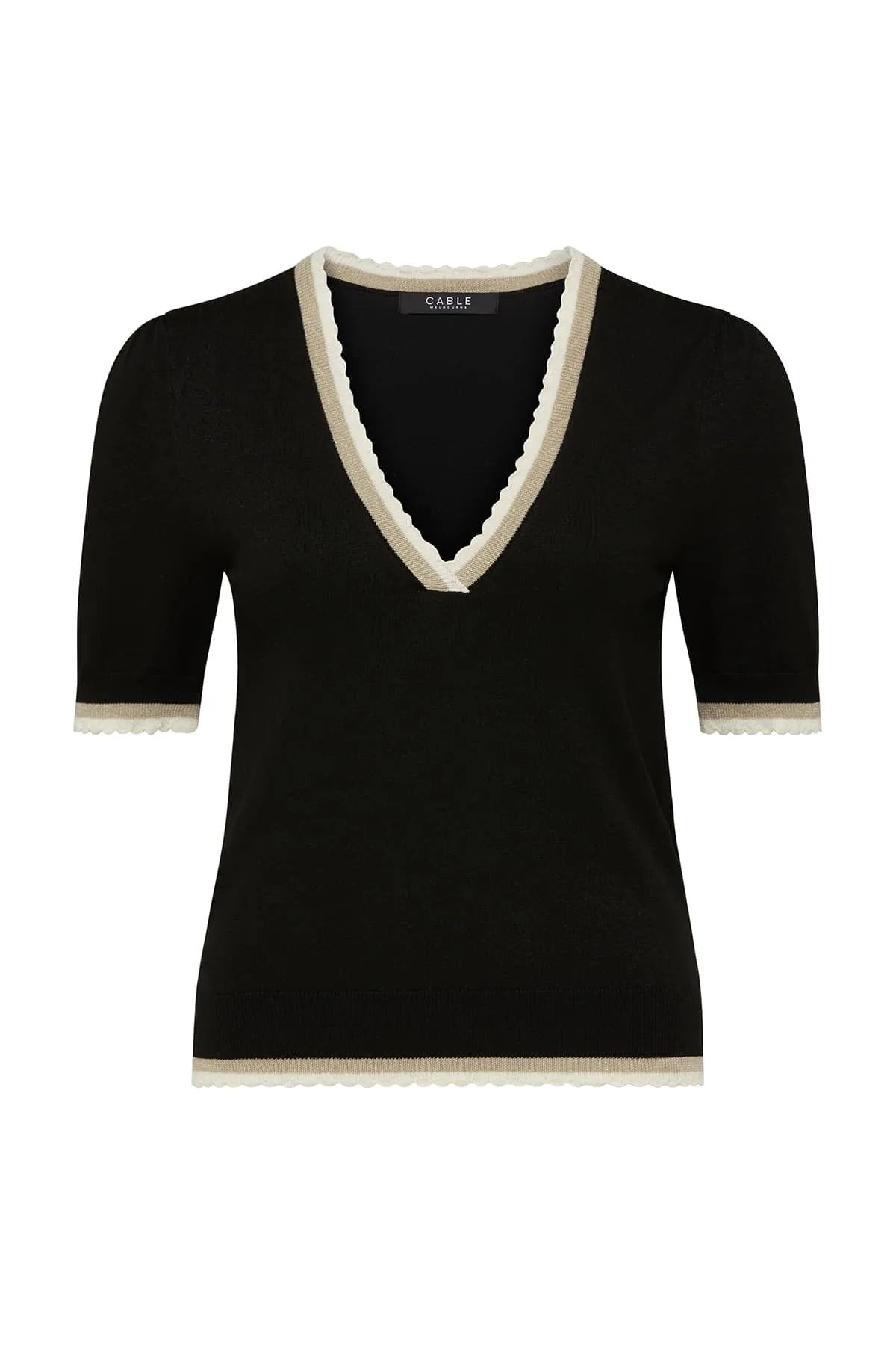 Cable Joelle Scallop Knit Top  - Black