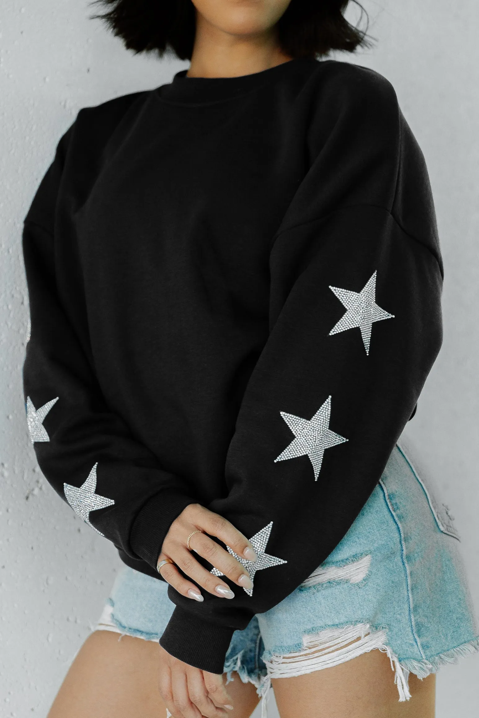 CAROLINA PANTHERS RADIANT ENERGY EMBELLISHED STAR SLEEVE CREWNECK PULLOVER