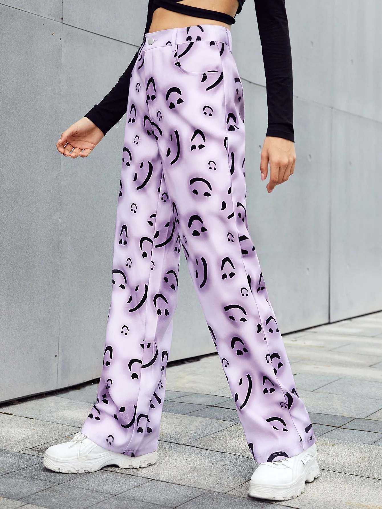Casual All Over Print Zipper High Waist Long Women Pants