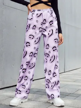 Casual All Over Print Zipper High Waist Long Women Pants