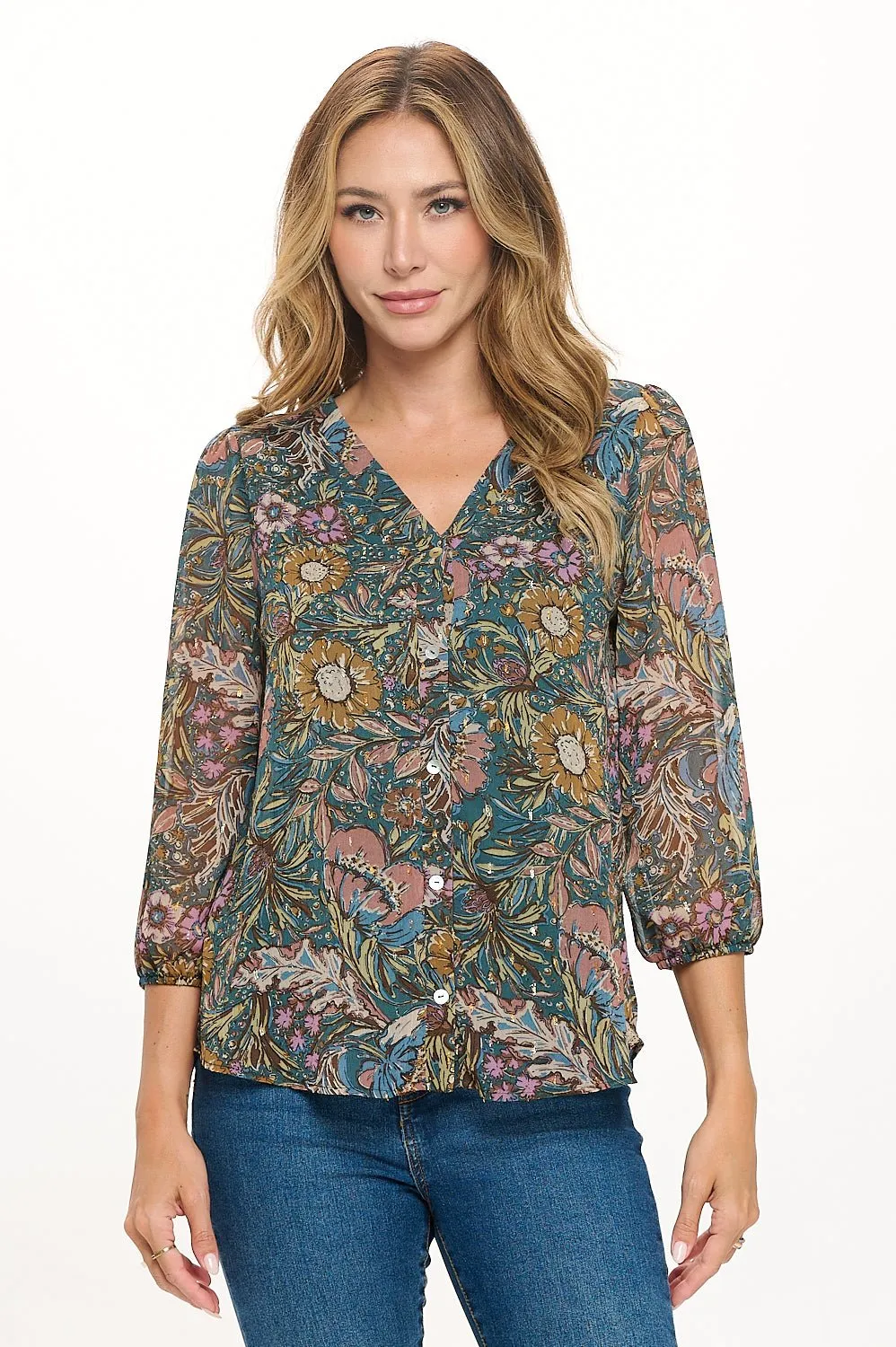 Catalina V-Neck Faux-Button Front Blouse