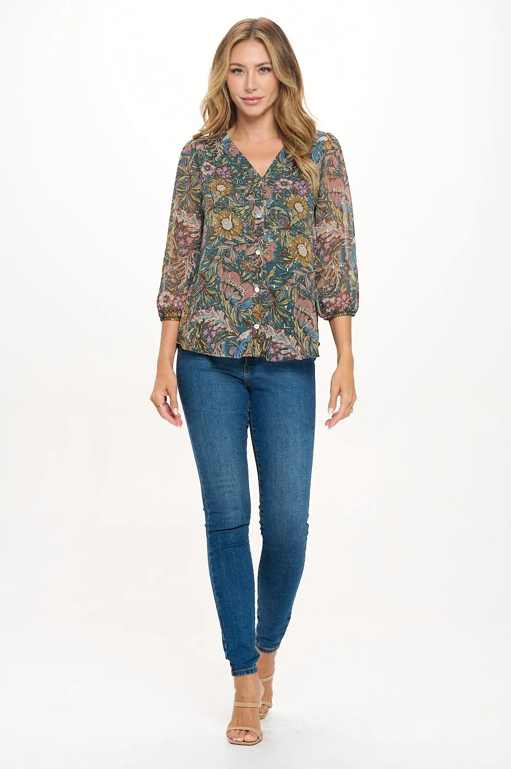 Catalina V-Neck Faux-Button Front Blouse