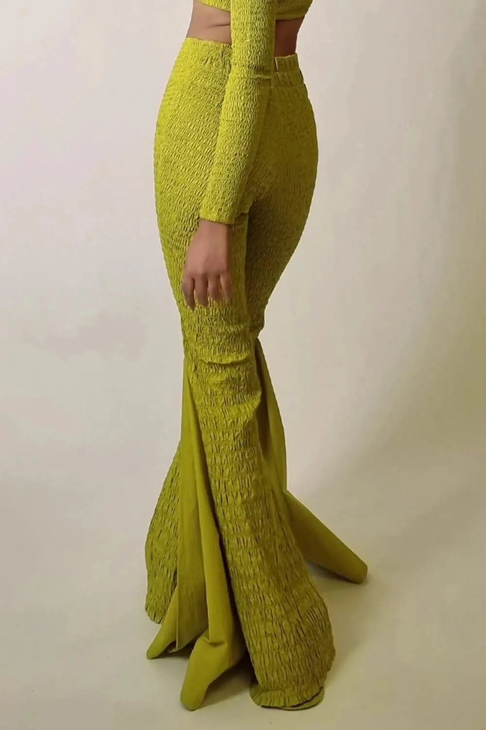 Chartreuse Smocked Flared Pants