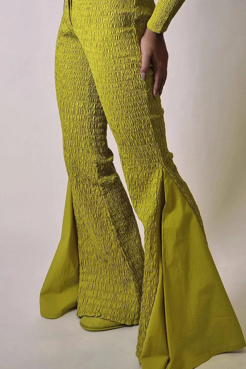 Chartreuse Smocked Flared Pants