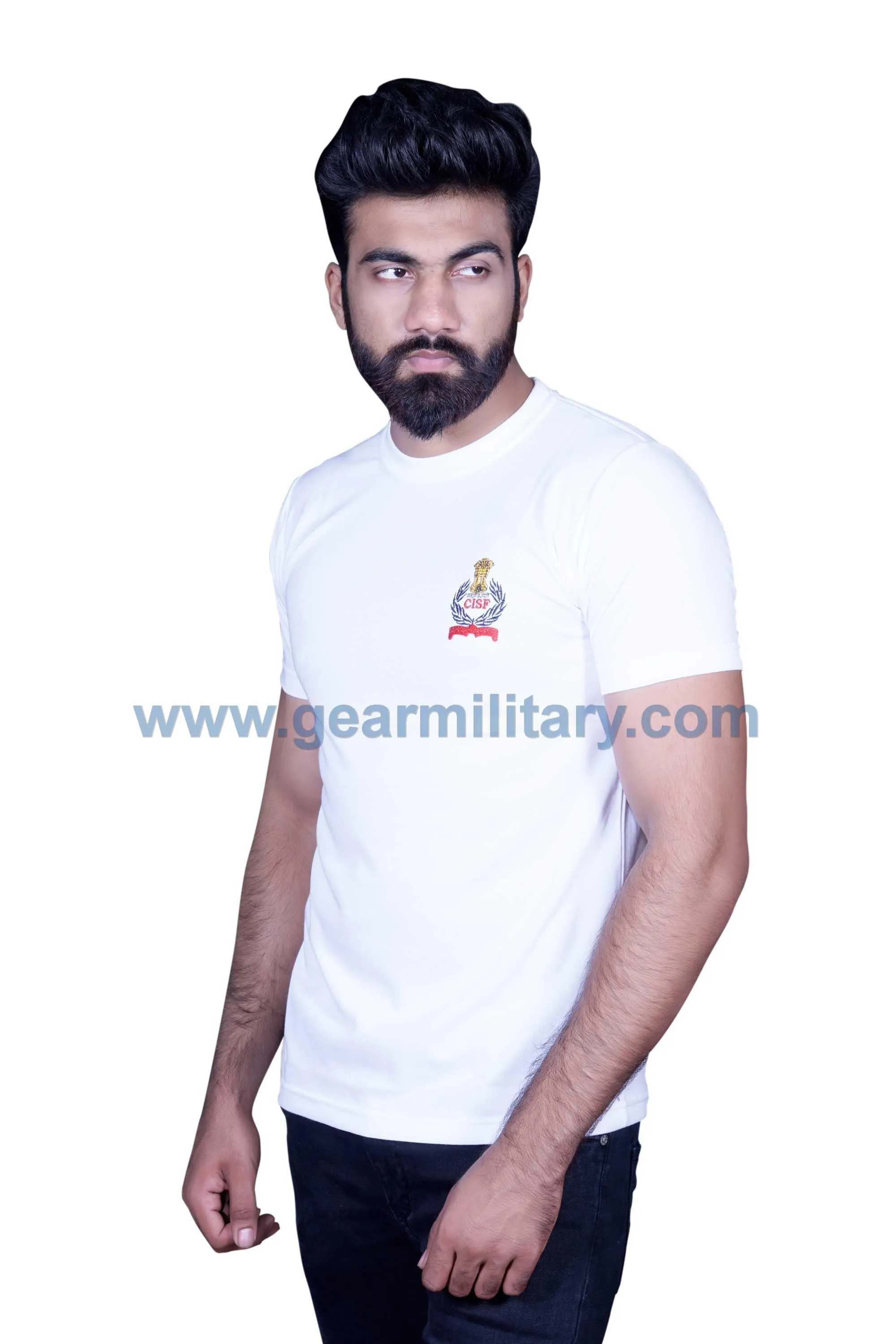 CISF Logo Embroidered White Round Neck T Shirt