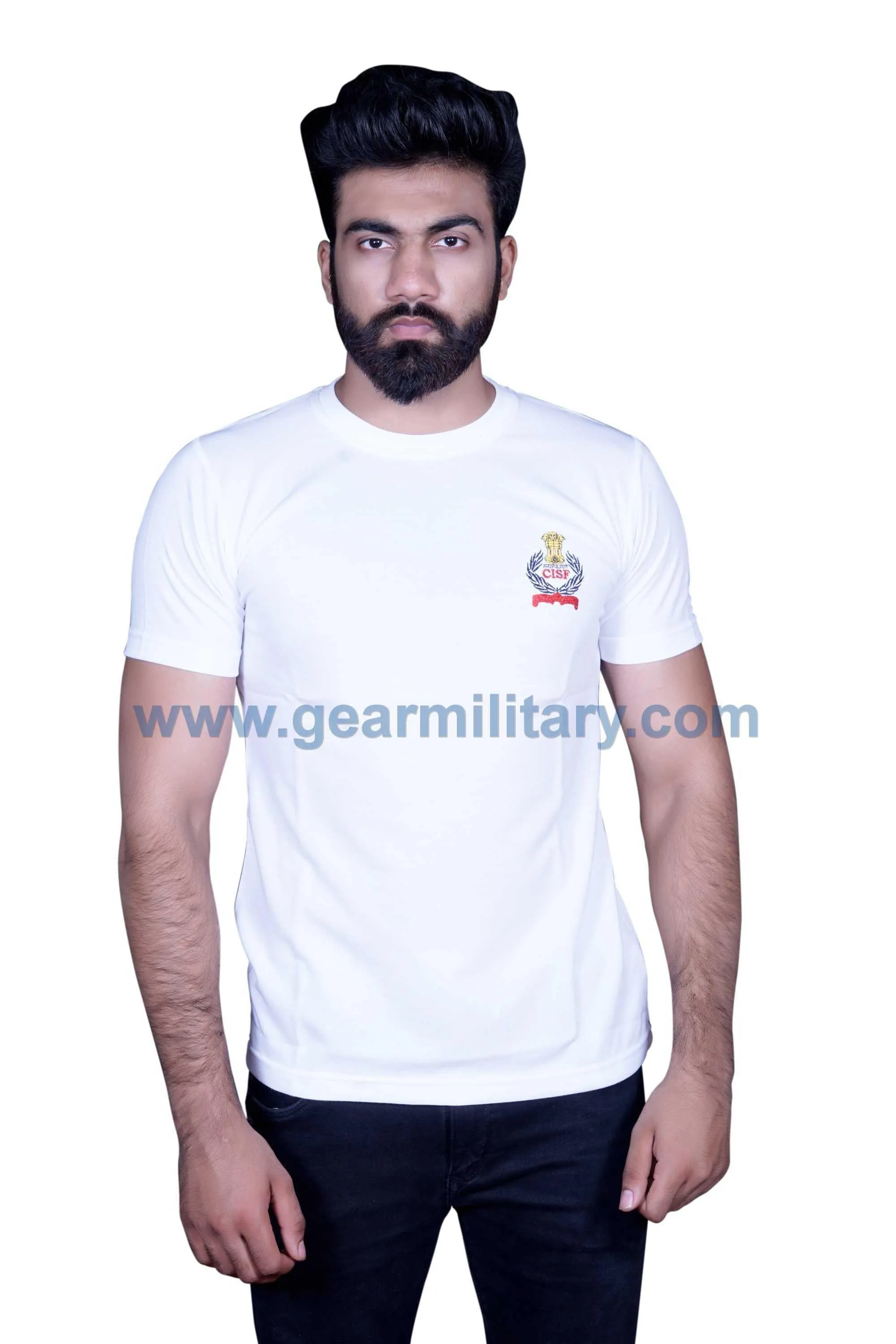 CISF Logo Embroidered White Round Neck T Shirt