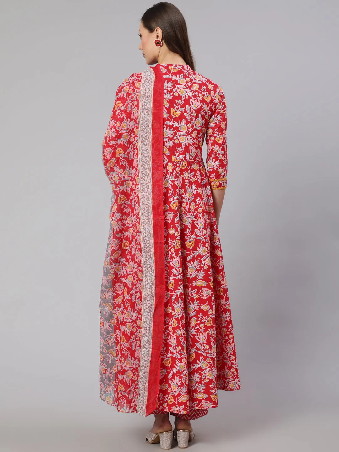 Cotton Printed Ankle Length Flared 3/4 Sleeve Mandarin Neck Kurta, Pants With Dupatta Set
