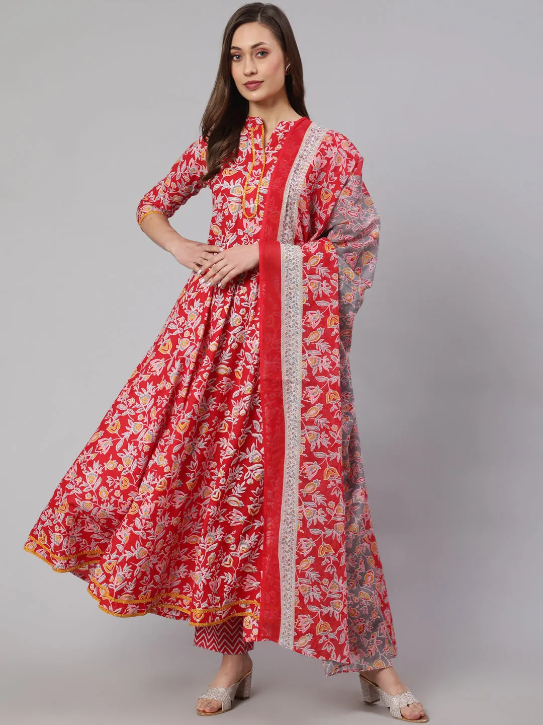 Cotton Printed Ankle Length Flared 3/4 Sleeve Mandarin Neck Kurta, Pants With Dupatta Set