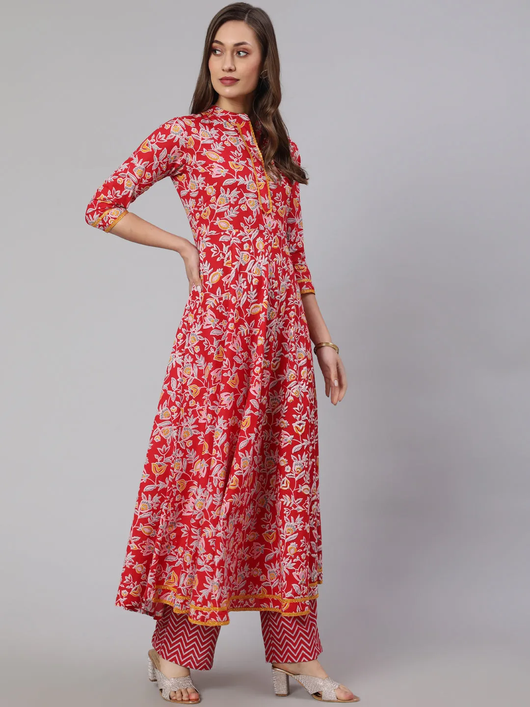 Cotton Printed Ankle Length Flared 3/4 Sleeve Mandarin Neck Kurta, Pants With Dupatta Set