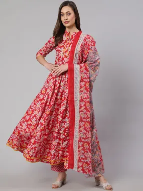 Cotton Printed Ankle Length Flared 3/4 Sleeve Mandarin Neck Kurta, Pants With Dupatta Set