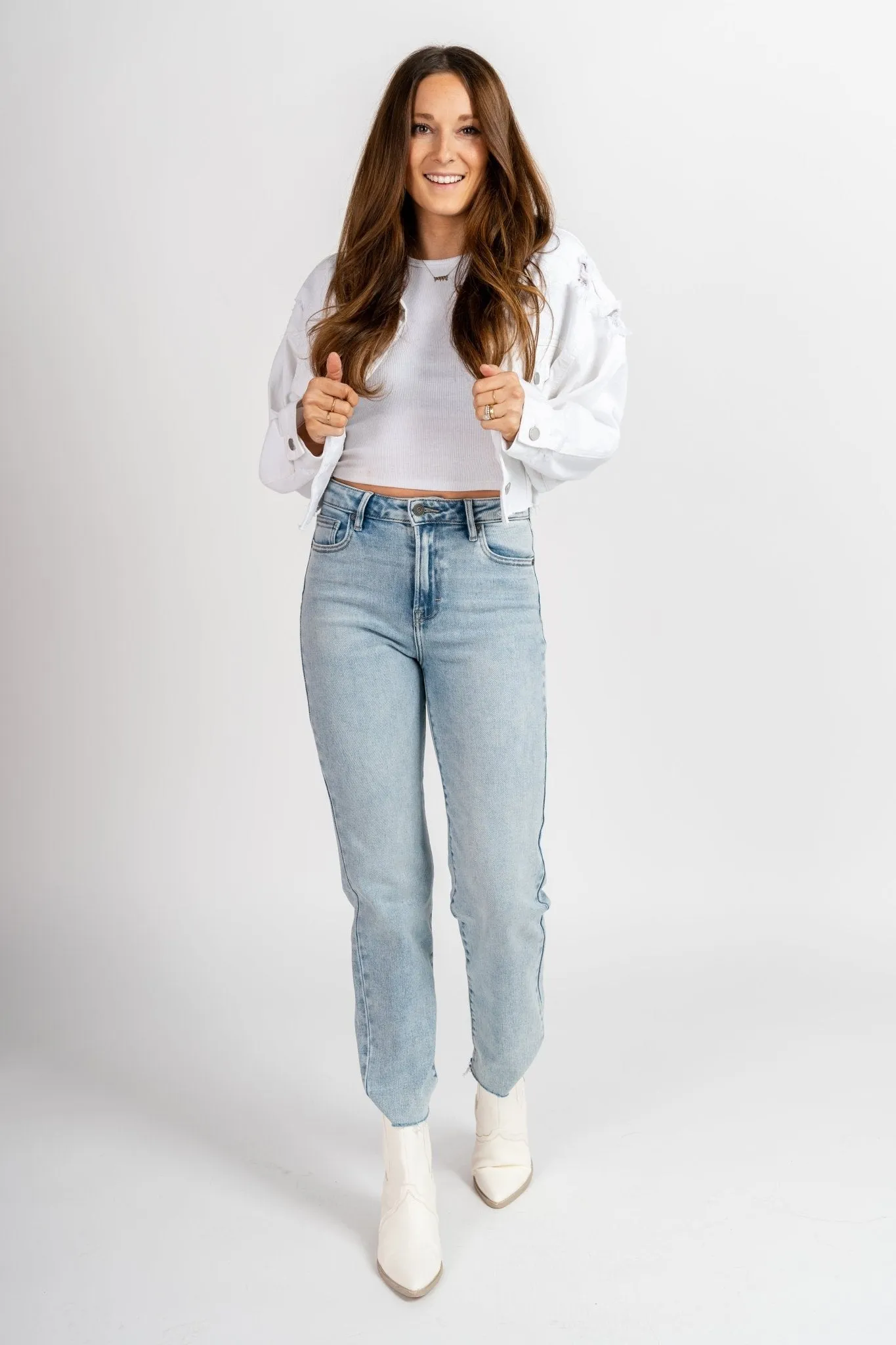 Cropped distressed denim jacket white