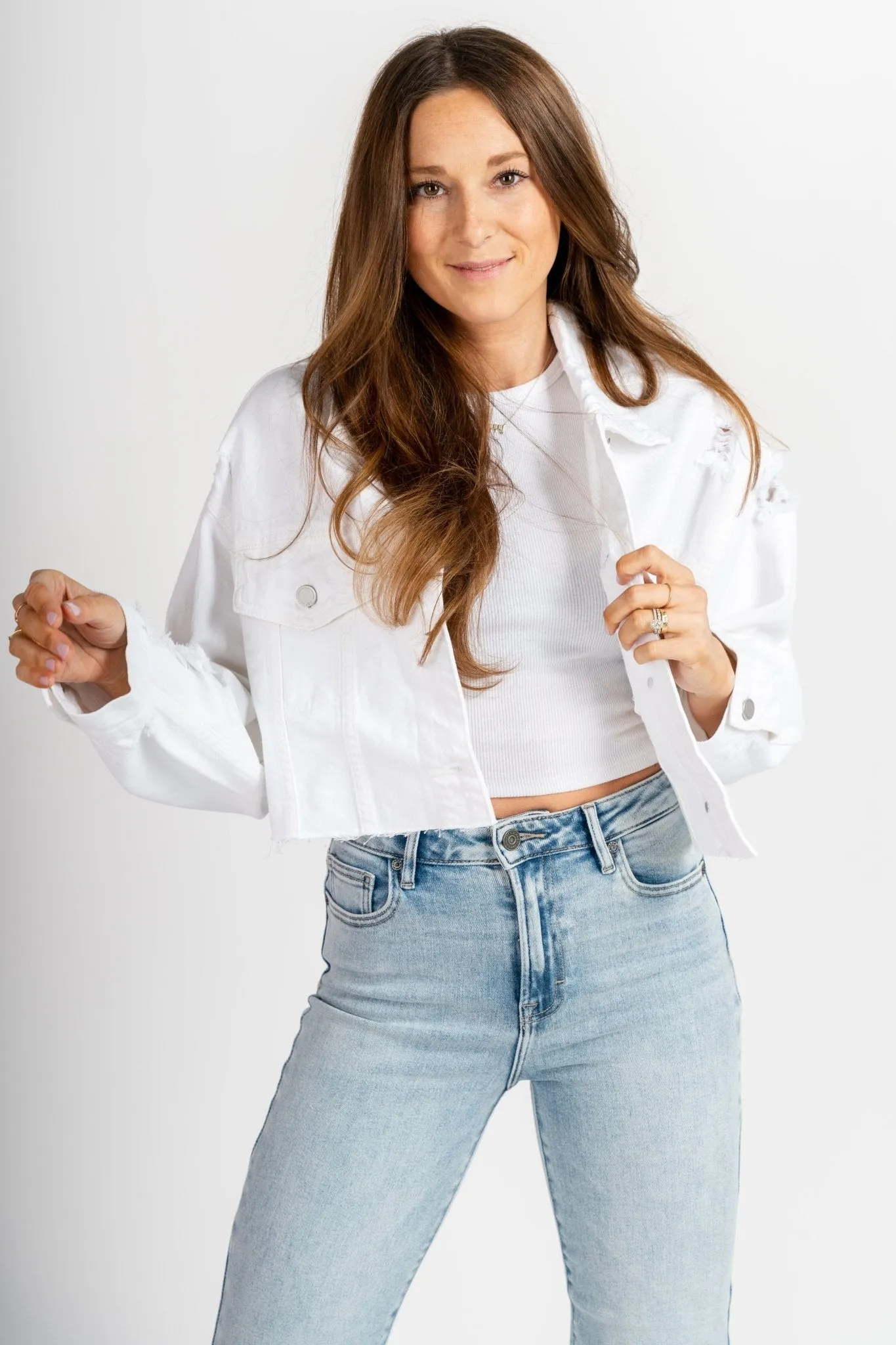 Cropped distressed denim jacket white
