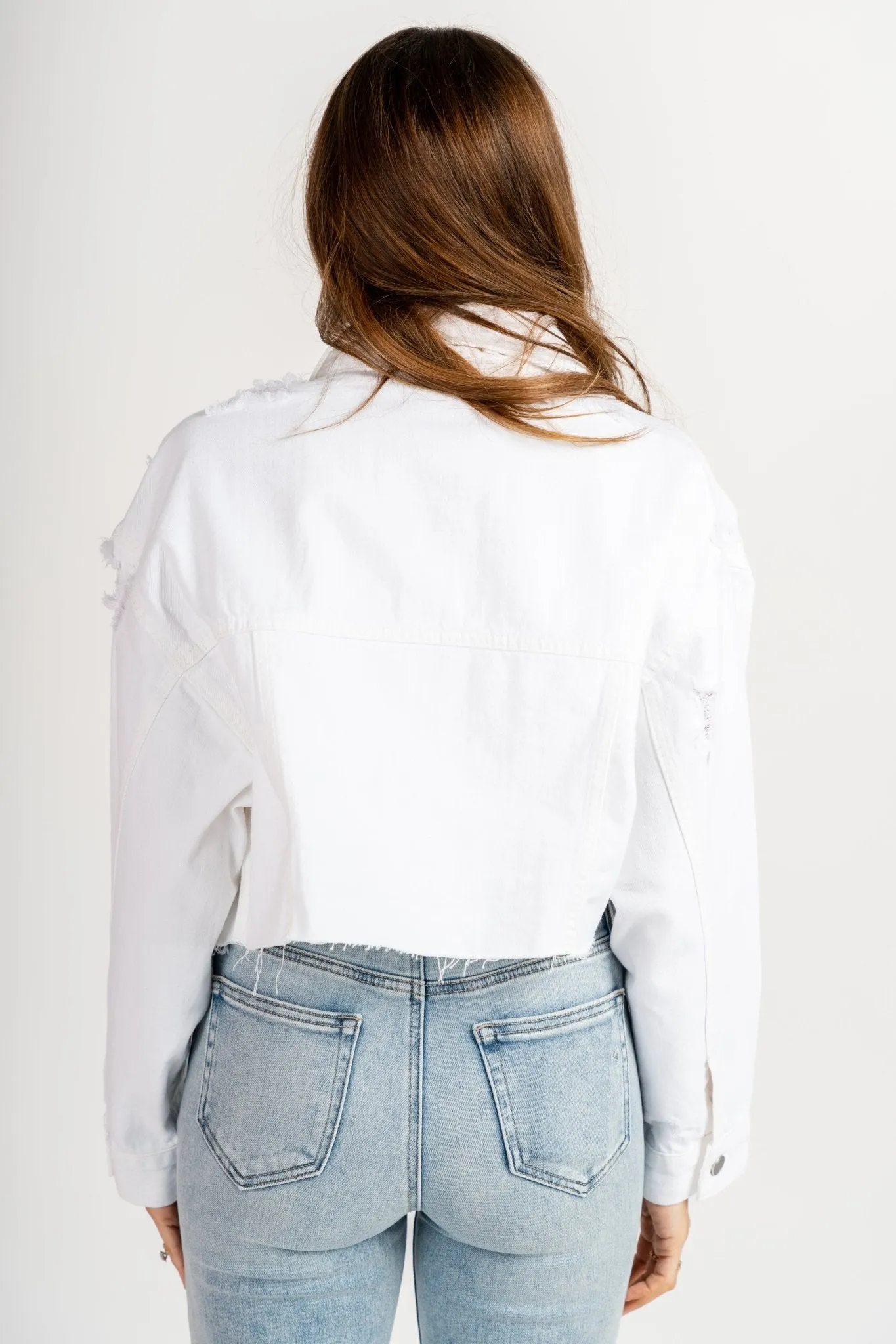 Cropped distressed denim jacket white