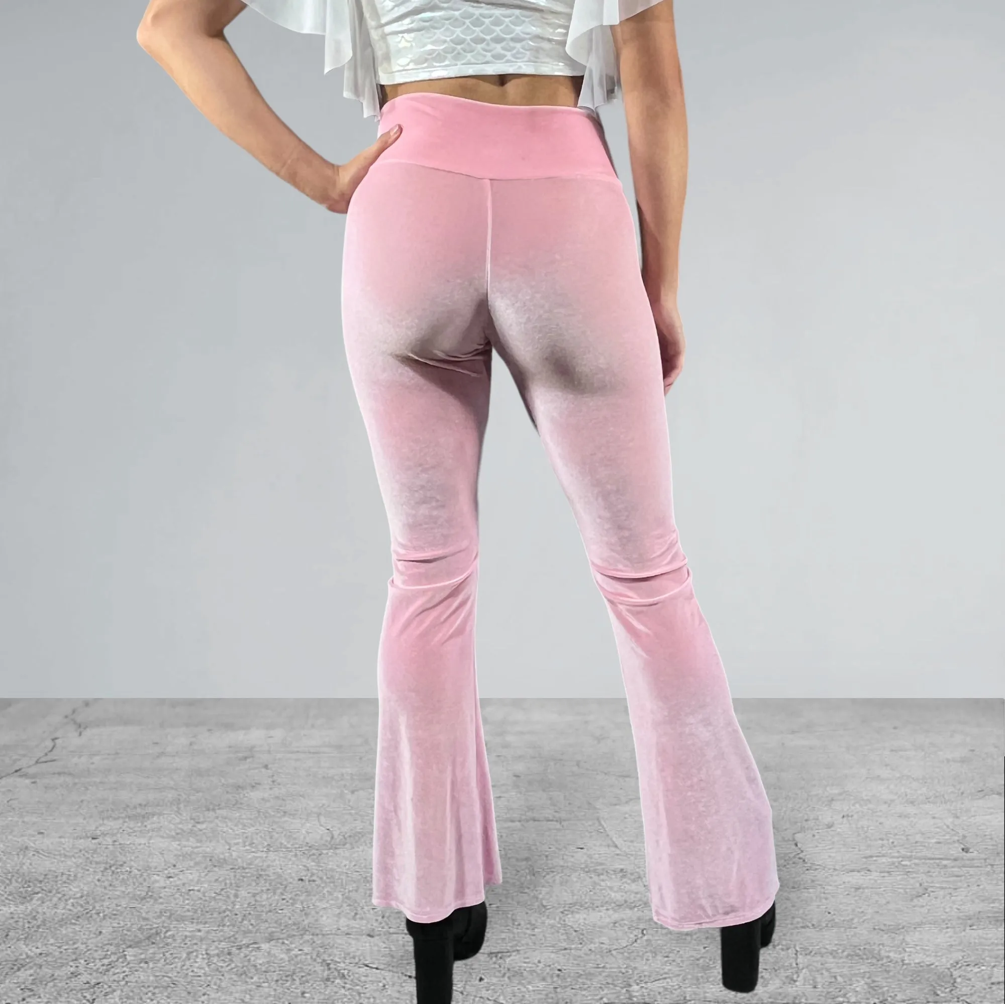 Crossover V-Waist Bootcut Flare Pants - Light Pink Velvet